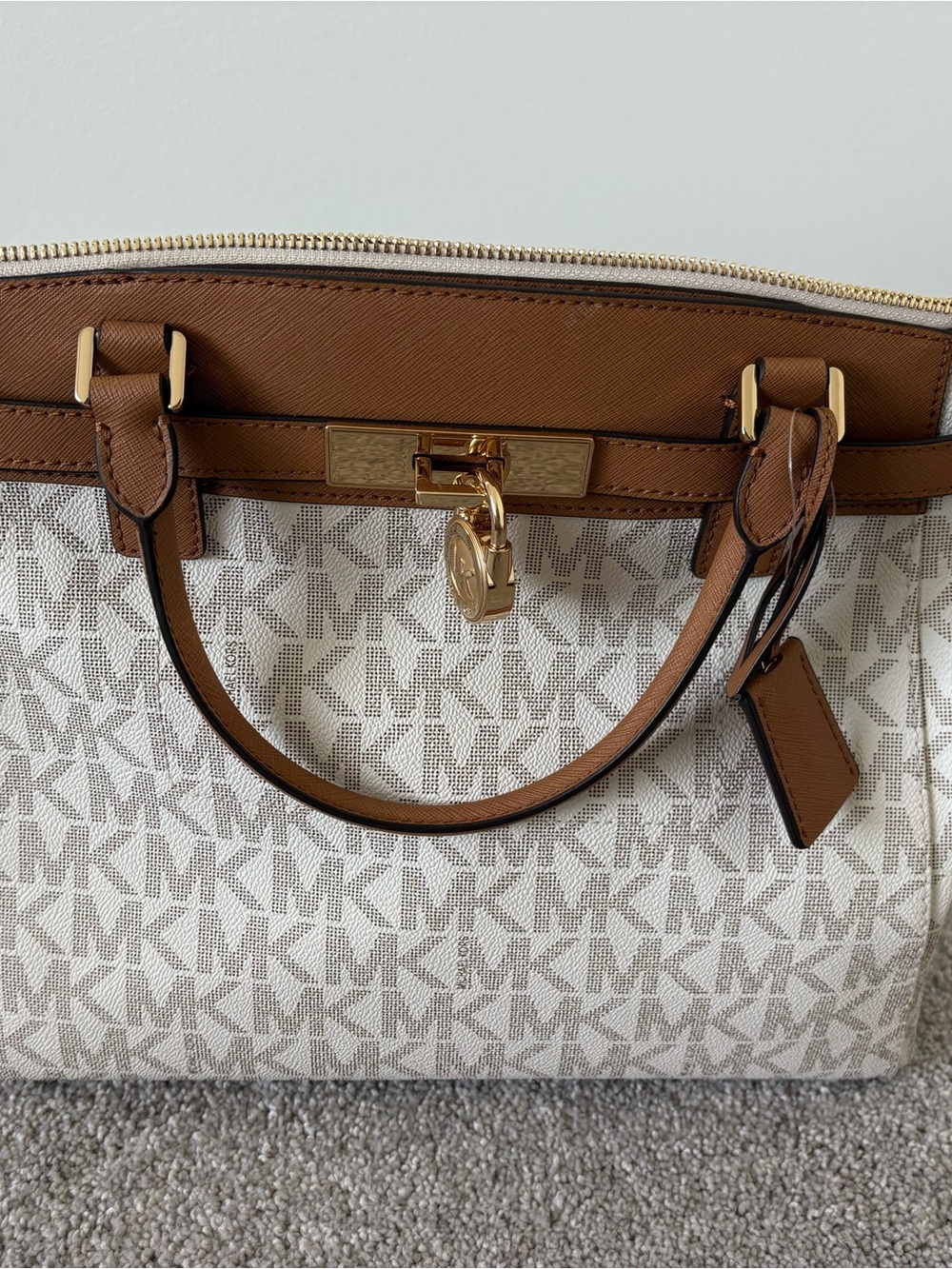 Michael Kors Vanilla Signature Canvas Satchel with Brown Trim